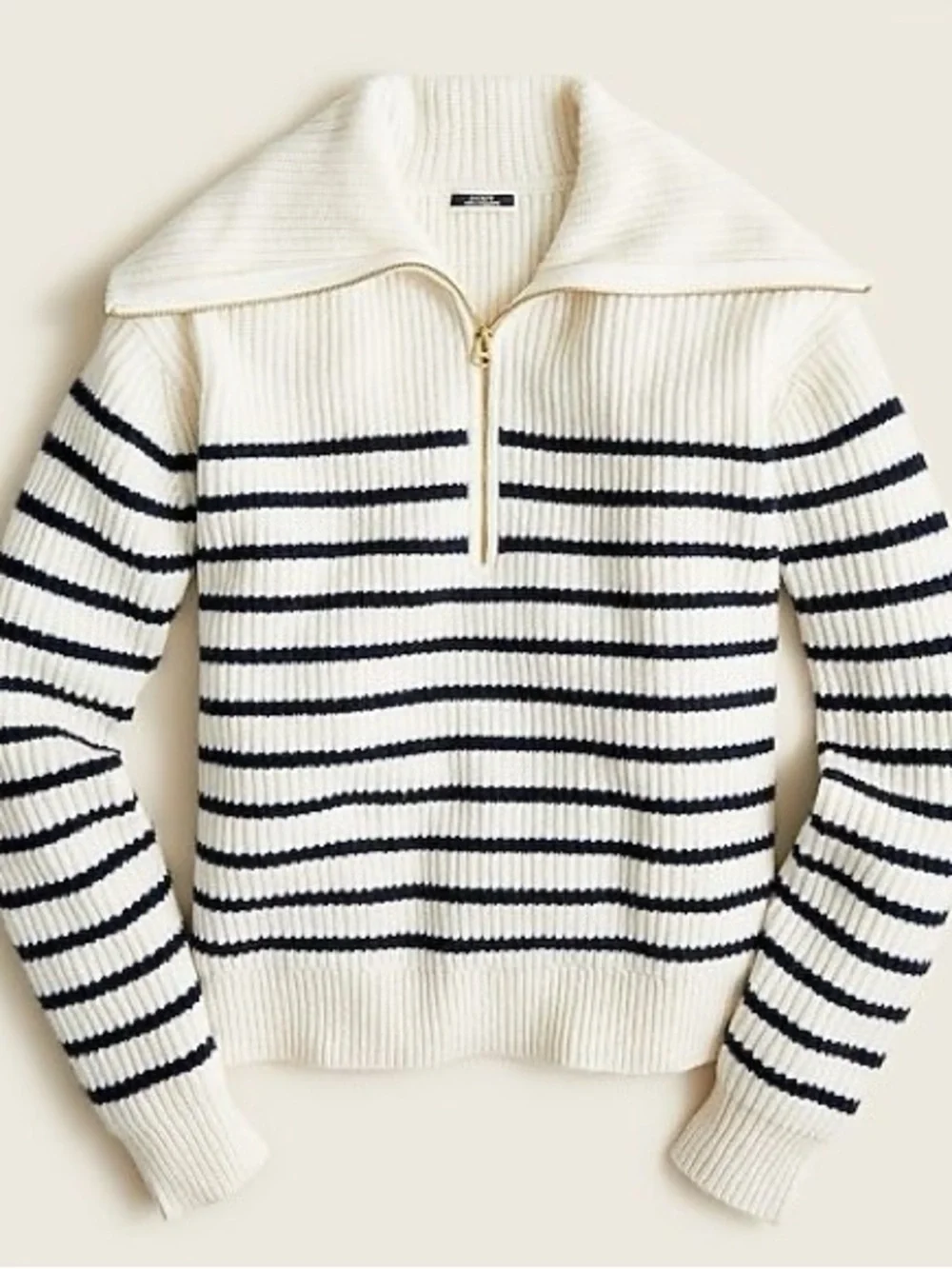 J. Crew Cream and Navy Striped Half-Zip Funnel Cashmere Sweater